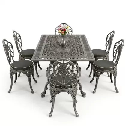 Dikdörtgen Masa E:70 x D:140 x Y:72 cm 6 Kişilik kolsuz güllü motif alüminyum döküm masa ve sandalye takımı silver gümüş