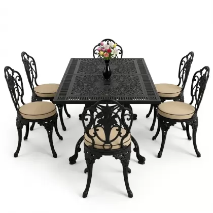 Dikdörtgen Masa E:70 x D:140 x Y:72 cm 6 Kişilik kolsuz güllü motif alüminyum döküm masa ve sandalye takımı siyah