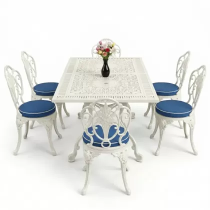 Dikdörtgen Masa E:70 x D:140 x Y:72 cm 6 Kişilik kolsuz güllü motif alüminyum döküm masa ve sandalye takımı beyaz