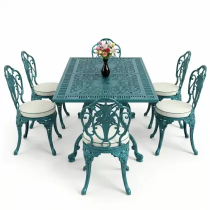 Dikdörtgen Masa E:70 x D:140 x Y:72 cm 6 Kişilik kolsuz güllü motif alüminyum döküm masa ve sandalye takımı turkuaz