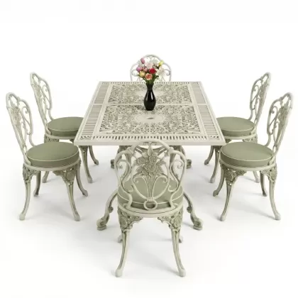 Dikdörtgen Masa E:70 x D:140 x Y:72 cm 6 Kişilik kolsuz güllü motif alüminyum döküm masa ve sandalye takımı yeşil eskitme