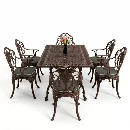 Dikdörtgen Masa E:70 x D:140 x Y:72 cm 6 Kişilik kollu güllü motif alüminyum döküm masa ve sandalye takımı bakır eskitme