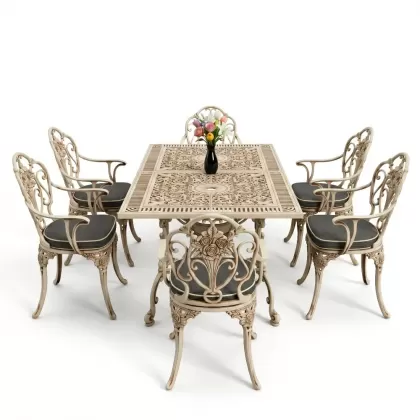 Dikdörtgen Masa E:70 x D:140 x Y:72 cm 6 Kişilik kollu güllü motif alüminyum döküm masa ve sandalye takımı beyaz eskitme