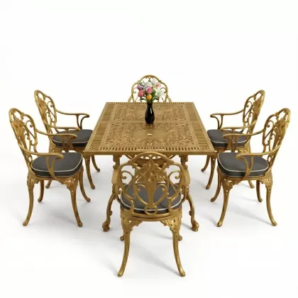 Dikdörtgen Masa E:70 x D:140 x Y:72 cm 6 Kişilik kollu güllü motif alüminyum döküm masa ve sandalye takımı gold altın