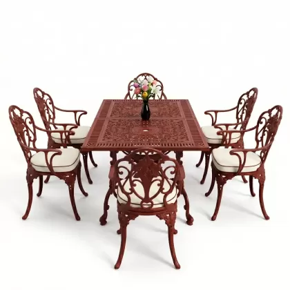 Dikdörtgen Masa E:70 x D:140 x Y:72 cm 6 Kişilik kollu güllü motif alüminyum döküm masa ve sandalye takımı kırmızı kiremit