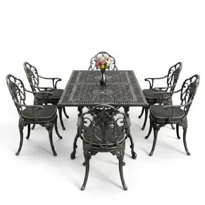 Dikdörtgen Masa E:70 x D:140 x Y:72 cm 6 Kişilik kollu güllü motif alüminyum döküm masa ve sandalye takımı gümüş silver