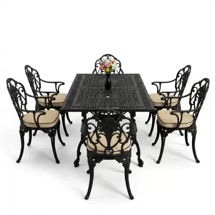 Dikdörtgen Masa E:70 x D:140 x Y:72 cm 6 Kişilik kollu güllü motif alüminyum döküm masa ve sandalye takımı siyah