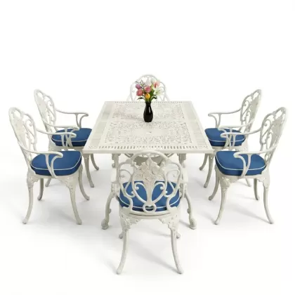 Dikdörtgen Masa E:70 x D:140 x Y:72 cm 6 Kişilik kollu güllü motif alüminyum döküm masa ve sandalye takımı beyaz