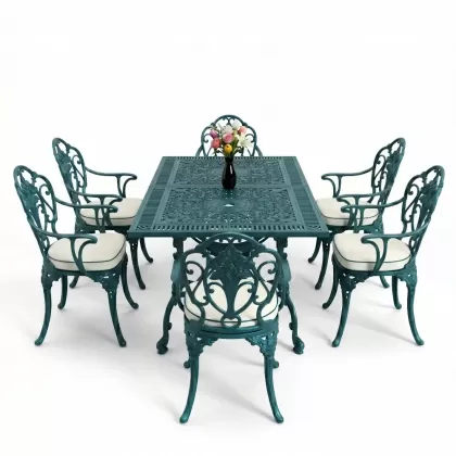 Dikdörtgen Masa E:70 x D:140 x Y:72 cm 6 Kişilik kollu güllü motif alüminyum döküm masa ve sandalye takımı turkuaz