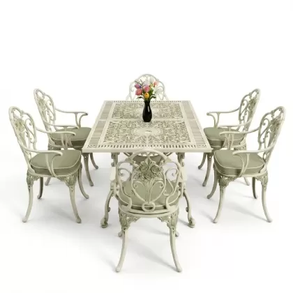 Dikdörtgen Masa E:70 x D:140 x Y:72 cm 6 Kişilik kollu güllü motif alüminyum döküm masa ve sandalye takımı yeşil patina