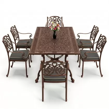 Dikdörtgen Masa E:70 x D:140 x Y:72 cm 6 Kişilik kelebek motifli alüminyum döküm masa ve sandalye takımı bakır eskitme