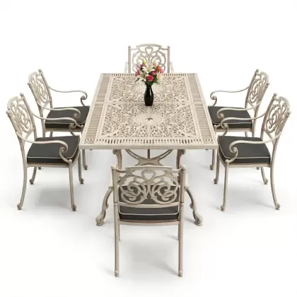 Dikdörtgen Masa E:70 x D:140 x Y:72 cm 6 Kişilik kelebek motifli alüminyum döküm masa ve sandalye takımı beyaz eskitme