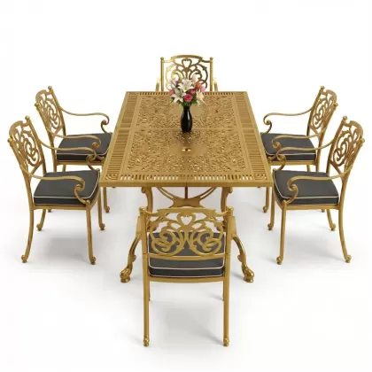 Dikdörtgen Masa E:70 x D:140 x Y:72 cm 6 Kişilik kelebek motifli alüminyum döküm masa ve sandalye takımı gold altın
