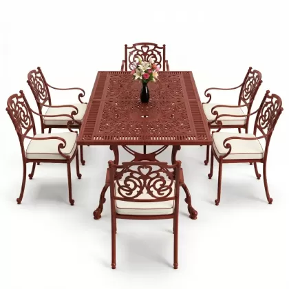 Dikdörtgen Masa E:70 x D:140 x Y:72 cm 6 Kişilik kelebek motifli alüminyum döküm masa ve sandalye takımı kırmızı kiremit