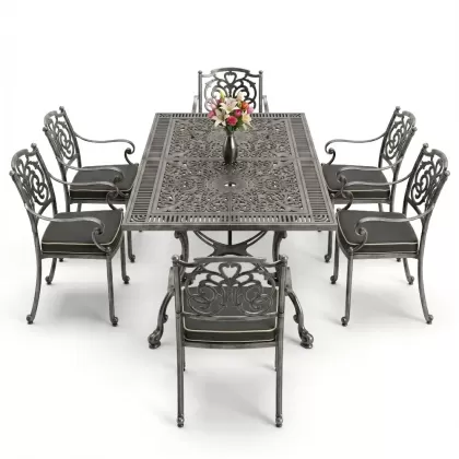 Dikdörtgen Masa E:70 x D:140 x Y:72 cm 6 Kişilik kelebek motifli alüminyum döküm masa ve sandalye takımı silver gümüş