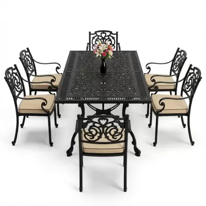 Dikdörtgen Masa E:70 x D:140 x Y:72 cm 6 Kişilik kelebek motifli alüminyum döküm masa ve sandalye takımı siyah