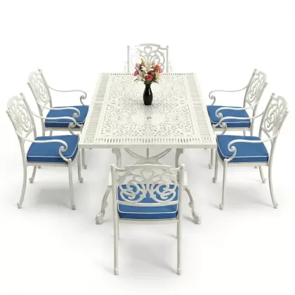 Dikdörtgen Masa E:70 x D:140 x Y:72 cm 6 Kişilik kelebek motifli alüminyum döküm masa ve sandalye takımı beyaz