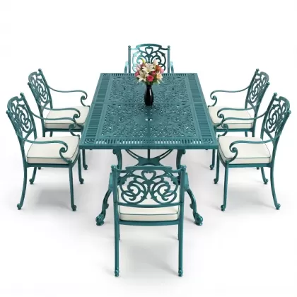 Dikdörtgen Masa E:70 x D:140 x Y:72 cm 6 Kişilik kelebek motifli alüminyum döküm masa ve sandalye takımı turkuaz