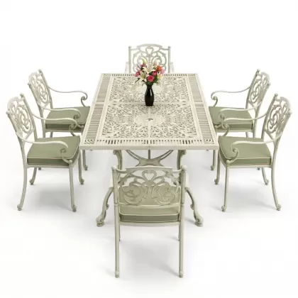 Dikdörtgen Masa E:70 x D:140 x Y:72 cm 6 Kişilik kelebek motifli alüminyum döküm masa ve sandalye takımı yeşil patina