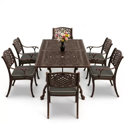 Dikdörtgen Masa E:70 x D:140 x Y:72 cm 6 Kişilik güneş motifli alüminyum döküm masa ve sandalye takımı bakır eskitme