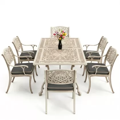 Dikdörtgen Masa E:70 x D:140 x Y:72 cm 6 Kişilik güneş motifli alüminyum döküm masa ve sandalye takımı beyaz eskitme