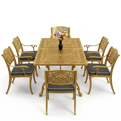 Dikdörtgen Masa E:70 x D:140 x Y:72 cm 6 Kişilik güneş motifli alüminyum döküm masa ve sandalye takımı gold altın
