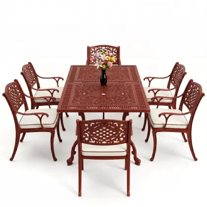 Dikdörtgen Masa E:70 x D:140 x Y:72 cm 6 Kişilik güneş motifli alüminyum döküm masa ve sandalye takımı kiremit kırmızı