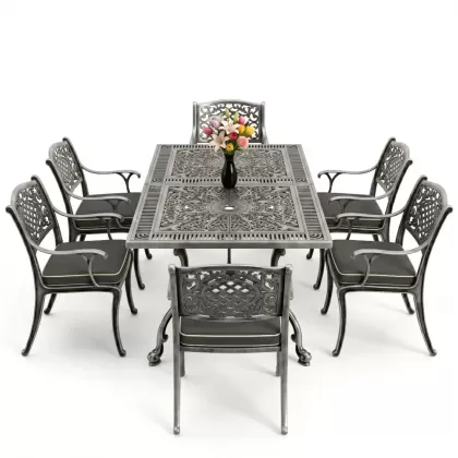 Dikdörtgen Masa E:70 x D:140 x Y:72 cm 6 Kişilik güneş motifli alüminyum döküm masa ve sandalye takımı silver gümüş