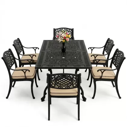 Dikdörtgen Masa E:70 x D:140 x Y:72 cm 6 Kişilik güneş motifli alüminyum döküm masa ve sandalye takımı siyah