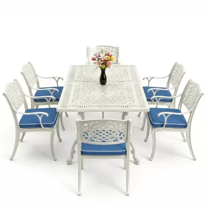 Dikdörtgen Masa E:70 x D:140 x Y:72 cm 6 Kişilik güneş motifli alüminyum döküm masa ve sandalye takımı beyaz