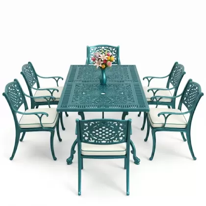 Dikdörtgen Masa E:70 x D:140 x Y:72 cm 6 Kişilik güneş motifli alüminyum döküm masa ve sandalye takımı turkuaz