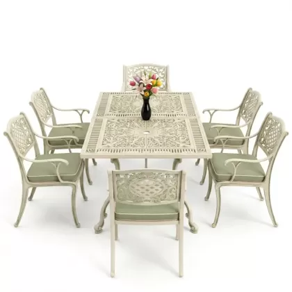 Dikdörtgen Masa E:70 x D:140 x Y:72 cm 6 Kişilik güneş motifli alüminyum döküm masa ve sandalye takımı yeşil patina