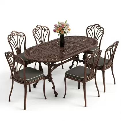 Oval Masa E:75 x D:150 x Y:74 cm 6 Kişilik kolsuz tavuskuşu alüminyum döküm masa ve sandalye takımı bakır eskitme