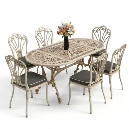 Oval Masa E:75 x D:150 x Y:74 cm 6 Kişilik kolsuz tavuskuşu alüminyum döküm masa ve sandalye takımı beyaz eskitme