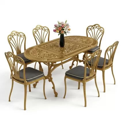 Oval Masa E:75 x D:150 x Y:74 cm 6 Kişilik kolsuz tavuskuşu alüminyum döküm masa ve sandalye takımı gold altın
