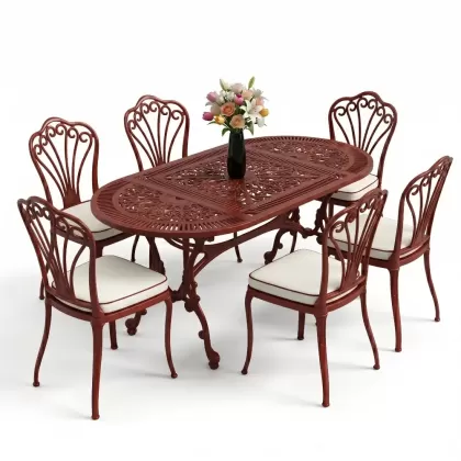 Oval Masa E:75 x D:150 x Y:74 cm 6 Kişilik kolsuz tavuskuşu alüminyum döküm masa ve sandalye takımı kiremit kırmızı