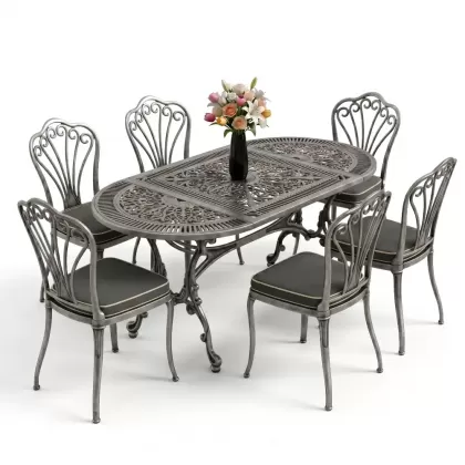 Oval Masa E:75 x D:150 x Y:74 cm 6 Kişilik kolsuz tavuskuşu alüminyum döküm masa ve sandalye takımı silver gümüş