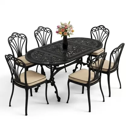 Oval Masa E:75 x D:150 x Y:74 cm 6 Kişilik kolsuz tavuskuşu alüminyum döküm masa ve sandalye takımı siyah