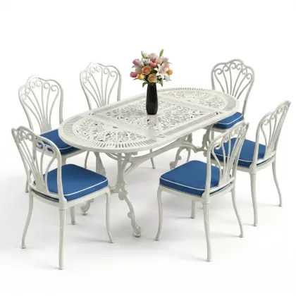 Oval Masa E:75 x D:150 x Y:74 cm 6 Kişilik kolsuz tavuskuşu alüminyum döküm masa ve sandalye takımı beyaz