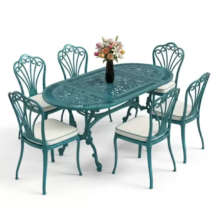 Oval Masa E:75 x D:150 x Y:74 cm 6 Kişilik kolsuz tavuskuşu alüminyum döküm masa ve sandalye takımı turkuaz