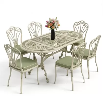 Oval Masa E:75 x D:150 x Y:74 cm 6 Kişilik kolsuz tavuskuşu alüminyum döküm masa ve sandalye takımı yeşil patina