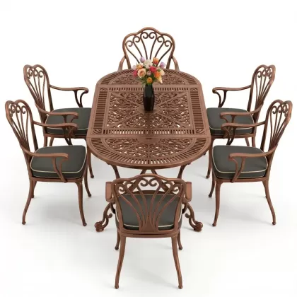 Oval Masa E:75 x D:150 x Y:72 cm 6 Kişilik kollu tavuskuşu alüminyum döküm masa ve sandalye takımı bakır eskitme