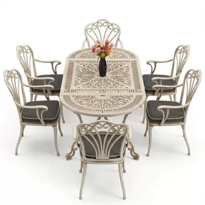Oval Masa E:75 x D:150 x Y:72 cm 6 Kişilik kollu tavuskuşu alüminyum döküm masa ve sandalye takımı beyaz eskitme