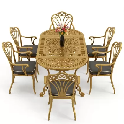 Oval Masa E:75 x D:150 x Y:72 cm 6 Kişilik kollu tavuskuşu alüminyum döküm masa ve sandalye takımı gold altın