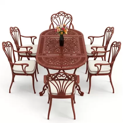 Oval Masa E:75 x D:150 x Y:72 cm 6 Kişilik kollu tavuskuşu alüminyum döküm masa ve sandalye takımı kırmızı kiremit