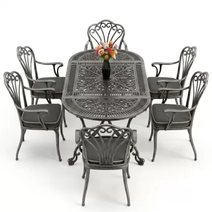 Oval Masa E:75 x D:150 x Y:72 cm 6 Kişilik kollu tavuskuşu alüminyum döküm masa ve sandalye takımı silver gümüş