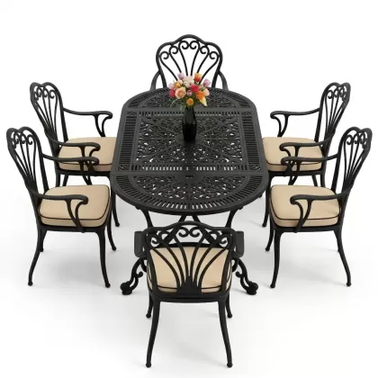 Oval Masa E:75 x D:150 x Y:72 cm 6 Kişilik kollu tavuskuşu alüminyum döküm masa ve sandalye takımı siyah