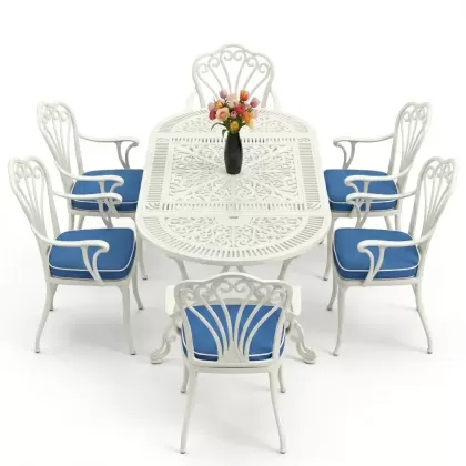 Oval Masa E:75 x D:150 x Y:72 cm 6 Kişilik kollu tavuskuşu alüminyum döküm masa ve sandalye takımı beyaz
