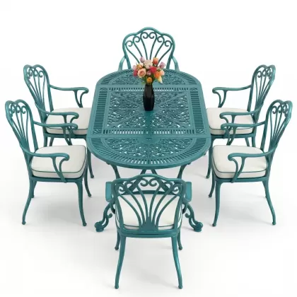 Oval Masa E:75 x D:150 x Y:72 cm 6 Kişilik kollu tavuskuşu alüminyum döküm masa ve sandalye takımı turkuaz