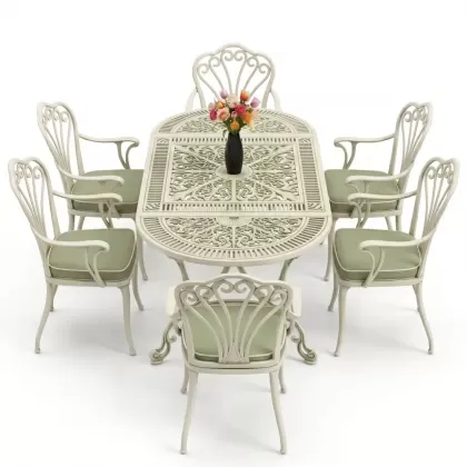 Oval Masa E:75 x D:150 x Y:72 cm 6 Kişilik kollu tavuskuşu alüminyum döküm masa ve sandalye takımı yeşil patina